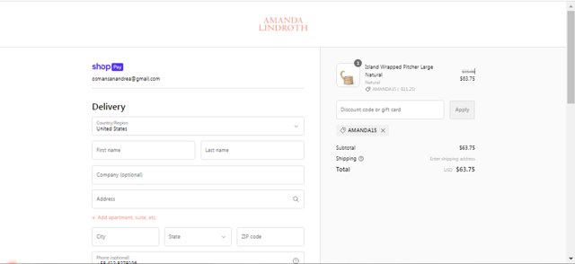Amanda Lindroth checkout page showing Amanda Lindroth coupon code box | Screenshot taken by SimplyCodes community member on Oct 10, 2023