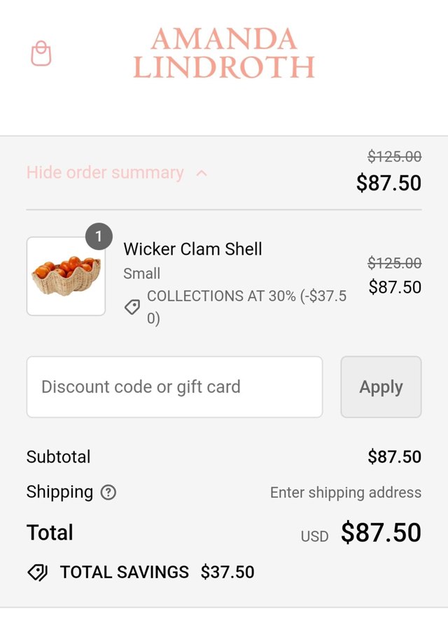 Amanda Lindroth checkout page showing Amanda Lindroth coupon code box | Screenshot taken by SimplyCodes community member on Mar 1, 2024
