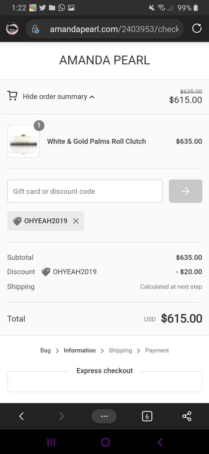 Amanda Pearl checkout page showing Amanda Pearl coupon code box | Screenshot taken by SimplyCodes community member on Jul 29, 2020