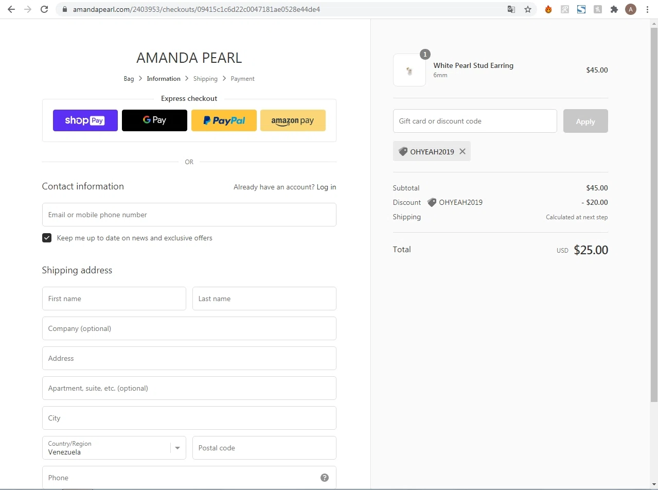 Amanda Pearl checkout page showing Amanda Pearl coupon code box | Screenshot taken by SimplyCodes community member on Jul 3, 2020