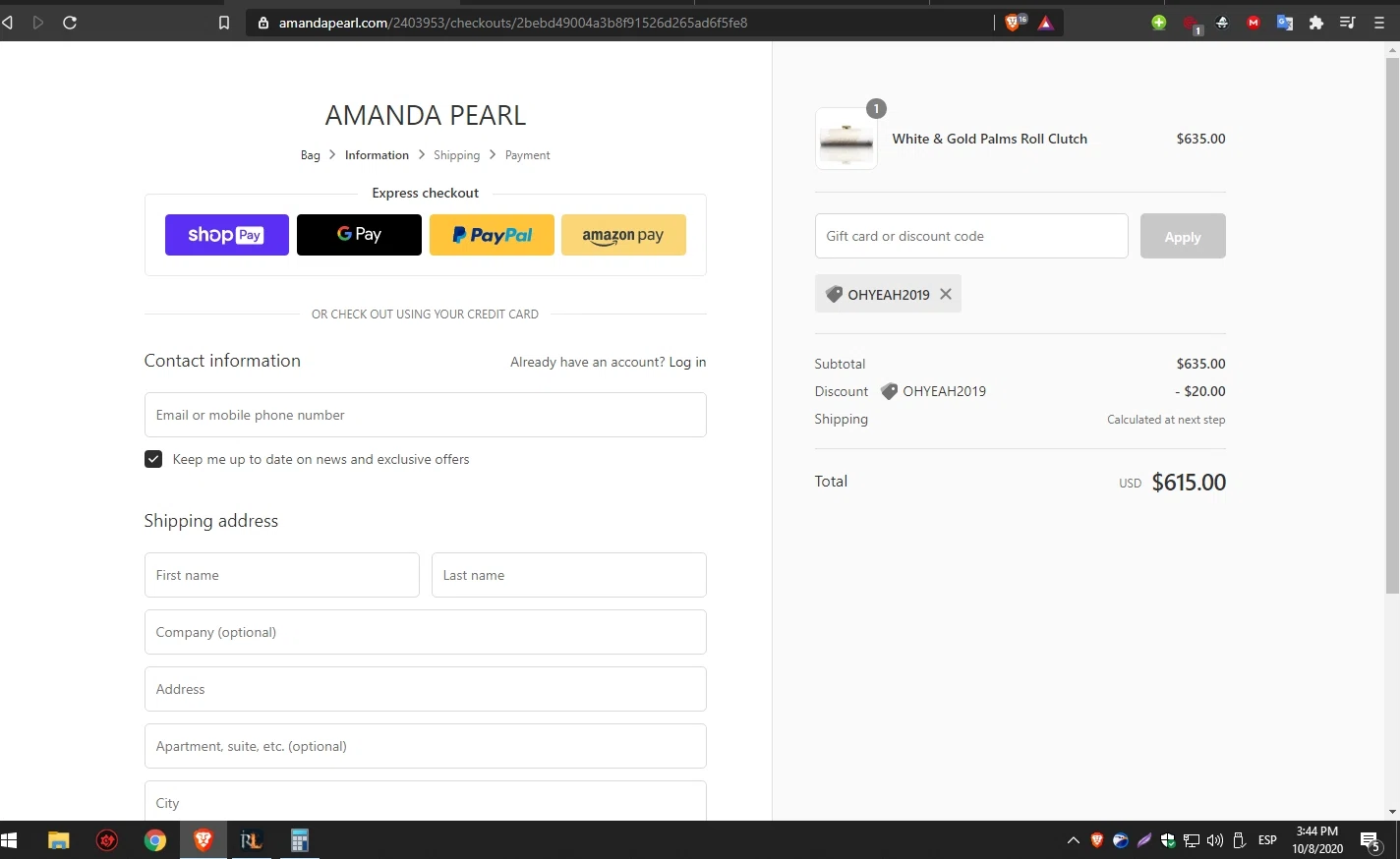 Amanda Pearl checkout page showing Amanda Pearl coupon code box | Screenshot taken by SimplyCodes community member on Oct 8, 2020