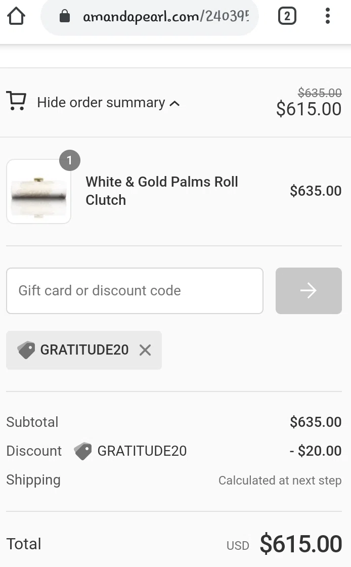 Amanda Pearl checkout page showing Amanda Pearl coupon code box | Screenshot taken by SimplyCodes community member on Jul 29, 2020