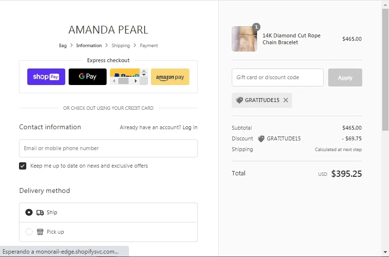 Amanda Pearl checkout page showing Amanda Pearl coupon code box | Screenshot taken by SimplyCodes community member on Apr 1, 2021