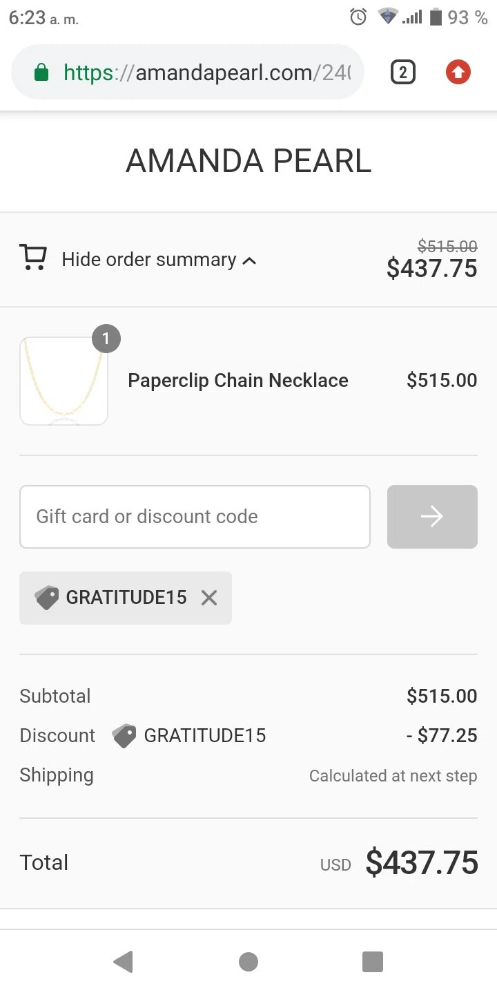 Amanda Pearl checkout page showing Amanda Pearl coupon code box | Screenshot taken by SimplyCodes community member on Aug 19, 2021