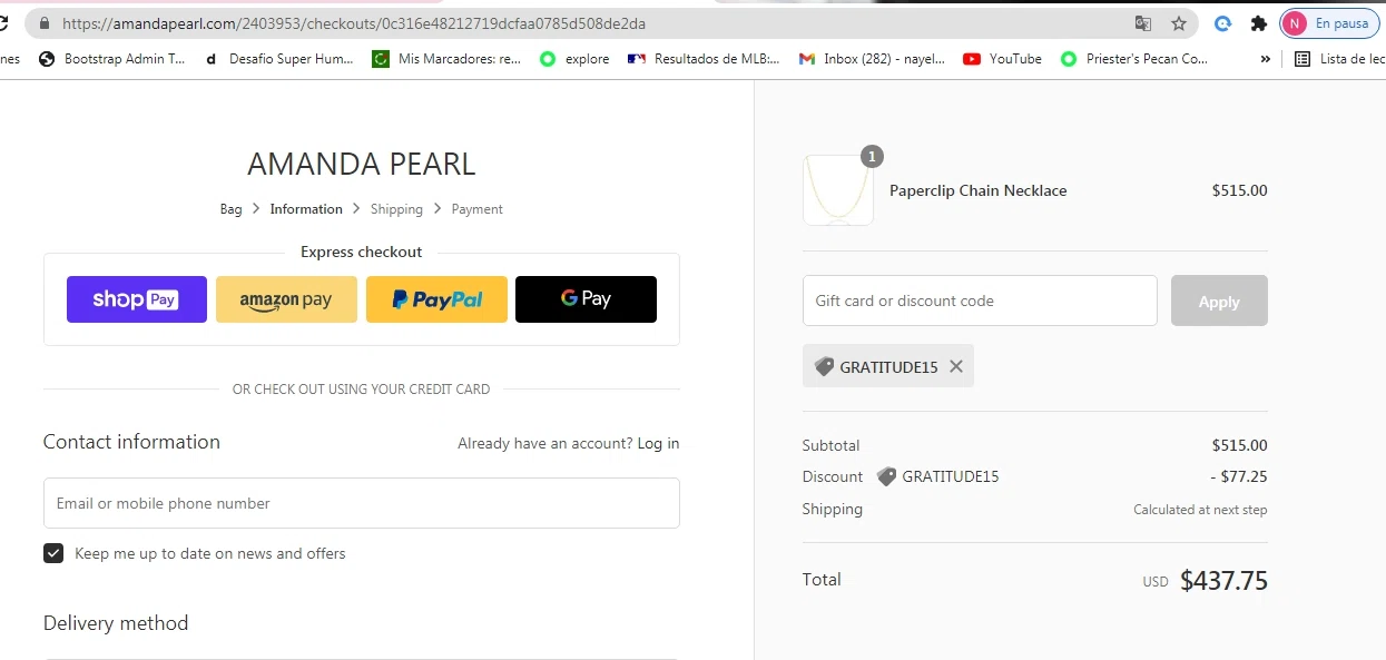 Amanda Pearl checkout page showing Amanda Pearl coupon code box | Screenshot taken by SimplyCodes community member on Jul 21, 2021