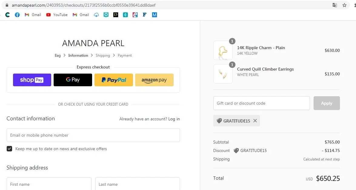 Amanda Pearl checkout page showing Amanda Pearl coupon code box | Screenshot taken by SimplyCodes community member on Oct 30, 2020