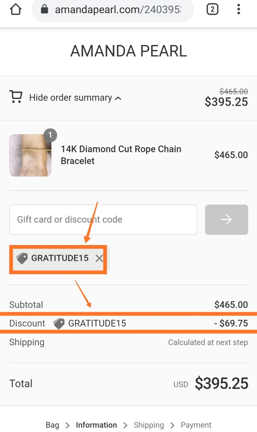 Amanda Pearl checkout page showing Amanda Pearl coupon code box | Screenshot taken by SimplyCodes community member on May 1, 2021