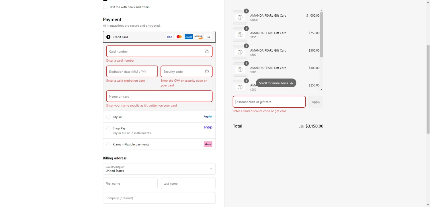 Amanda Pearl coupon code screenshot showing code JULY4THFINALSALE applied at Amanda Pearl checkout page. Uploaded by SimplyCodes community member TreasureKnight4134 on Sep 6, 2025