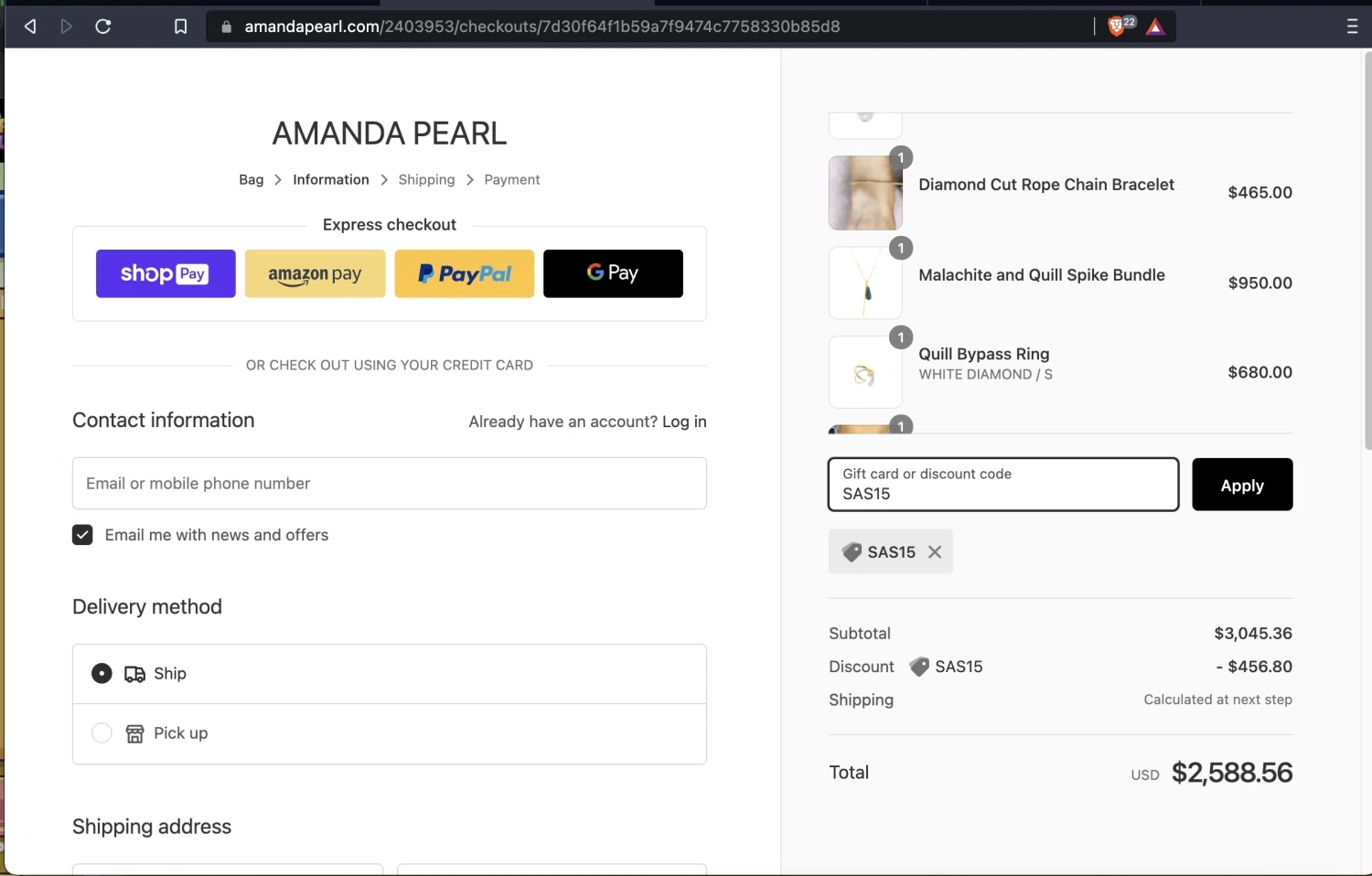 Amanda Pearl checkout page showing Amanda Pearl coupon code box | Screenshot taken by SimplyCodes community member on Oct 10, 2021