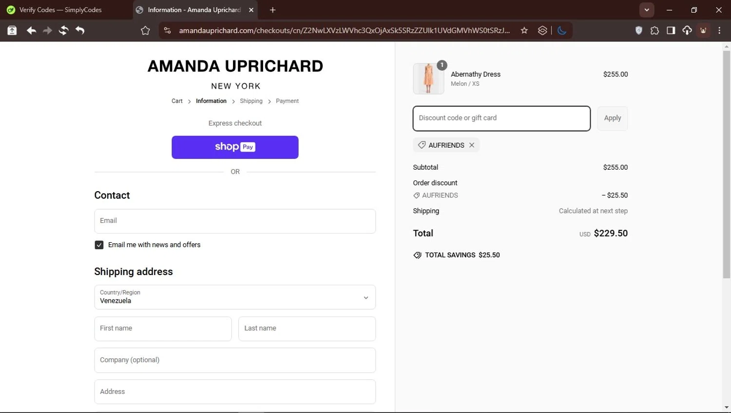 Amanda Uprichard discount code screenshot showing code AUFRIENDS applied at Amanda Uprichard checkout page. Uploaded by SimplyCodes community member USER_RANDON on Mar 7, 2025