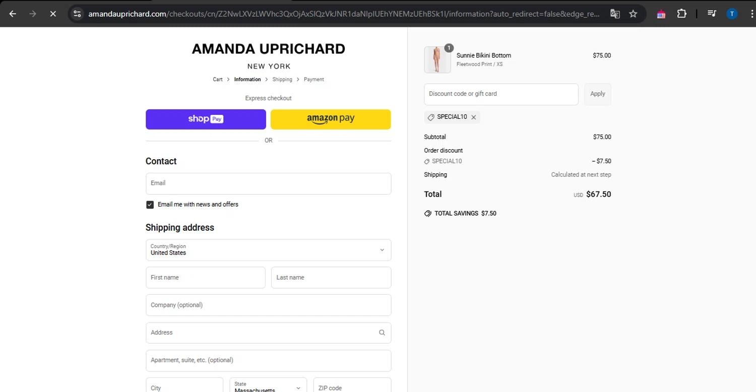 Amanda Uprichard discount code screenshot showing code SPECIAL10 applied at Amanda Uprichard checkout page. Uploaded by SimplyCodes community member PrimeTitan1837 on Apr 30, 2025