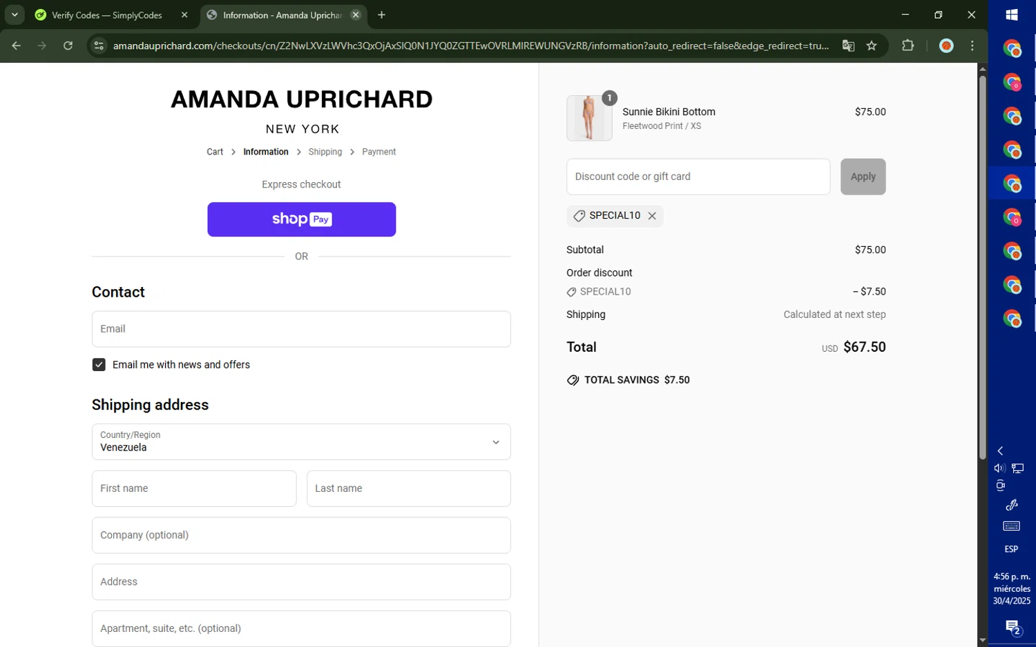 Amanda Uprichard discount code screenshot showing code SPECIAL10 applied at Amanda Uprichard checkout page. Uploaded by SimplyCodes community member CashMaverick8128 on Apr 30, 2025