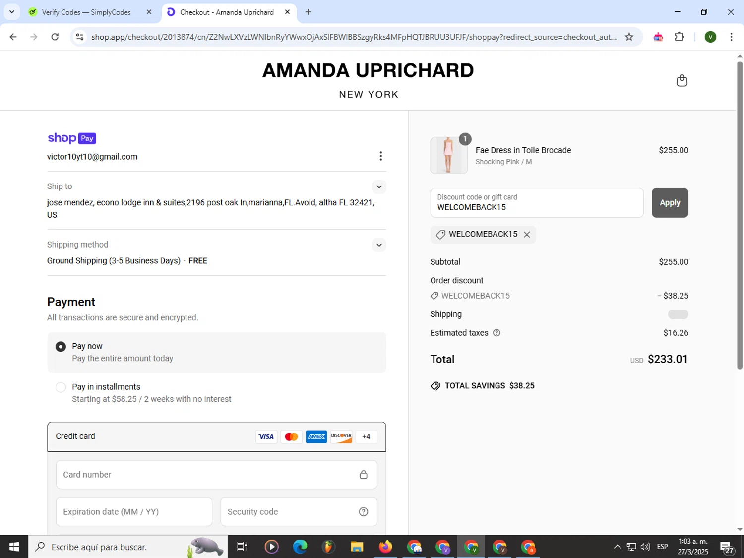 Amanda Uprichard discount code screenshot showing code WELCOMEBACK15 applied at Amanda Uprichard checkout page. Uploaded by SimplyCodes community member PrimeWizard4168 on Mar 27, 2025