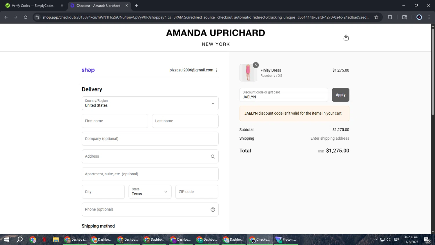 Amanda Uprichard discount code screenshot showing code JAELYN applied at Amanda Uprichard checkout page. Uploaded by SimplyCodes community member RoyalBoss4384 on Aug 11, 2025