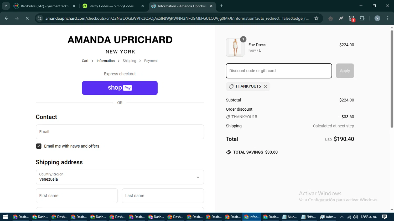 Amanda Uprichard discount code screenshot showing code THANKYOU15 applied at Amanda Uprichard checkout page. Uploaded by SimplyCodes community member MoneyTiger5162 on Mar 27, 2025
