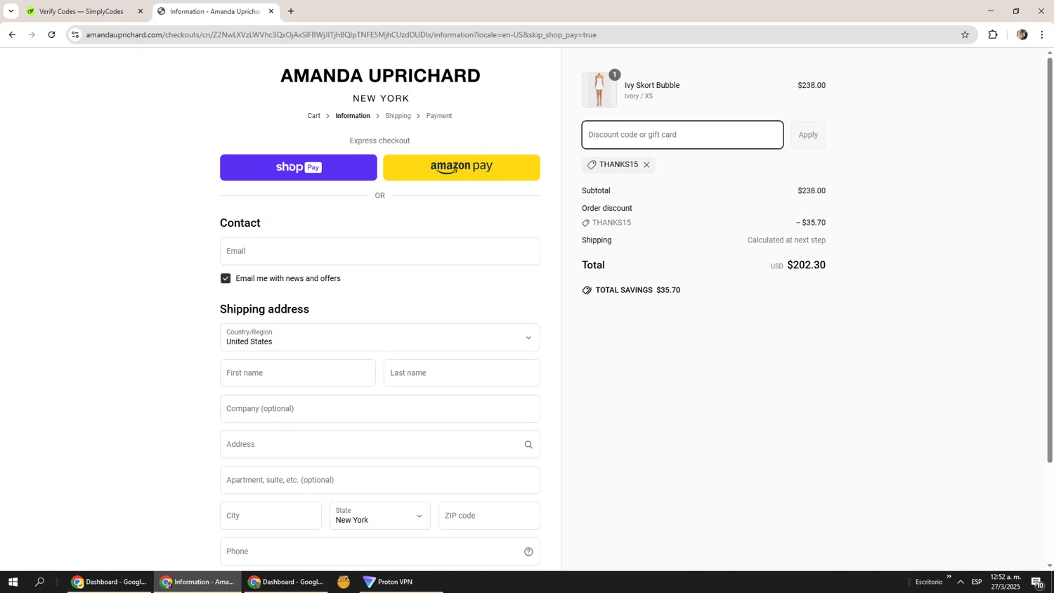 Amanda Uprichard discount code screenshot showing code Thanks15 applied at Amanda Uprichard checkout page. Uploaded by SimplyCodes community member Levi_Ackerman on Mar 27, 2025
