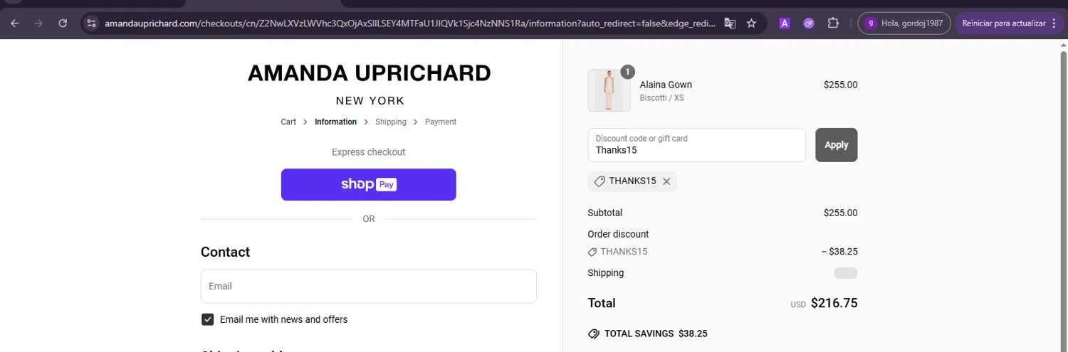 Amanda Uprichard discount code screenshot showing code Thanks15 applied at Amanda Uprichard checkout page. Uploaded by SimplyCodes community member RoyalGenius4818 on Jun 25, 2025