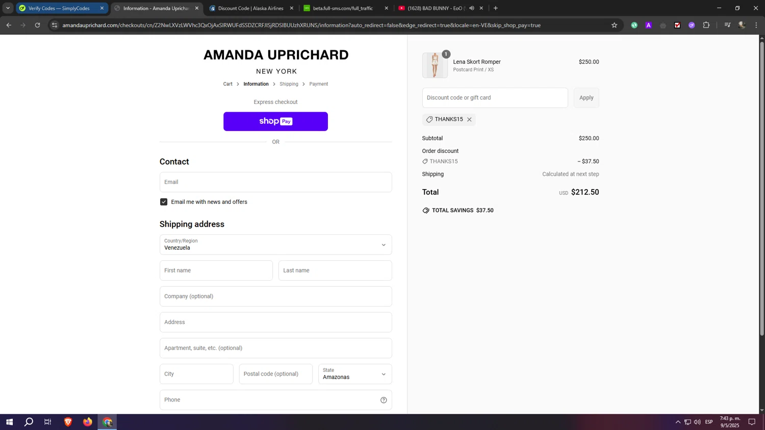 Amanda Uprichard discount code screenshot showing code Thanks15 applied at Amanda Uprichard checkout page. Uploaded by SimplyCodes community member eliaskao on May 9, 2025
