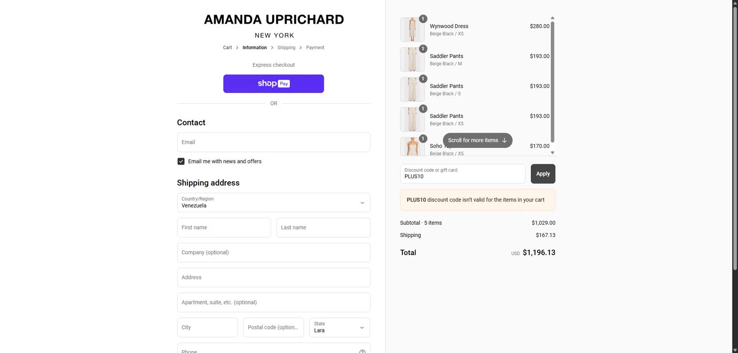Amanda Uprichard discount code screenshot showing code PLUS10 applied at Amanda Uprichard checkout page. Uploaded by SimplyCodes community member TokenCollector1268 on Jul 15, 2025
