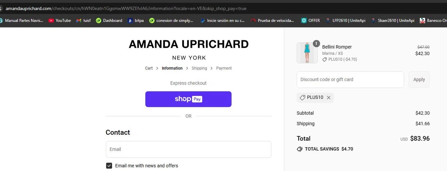 Amanda Uprichard discount code screenshot showing code PLUS10 applied at Amanda Uprichard checkout page. Uploaded by SimplyCodes community member lfppernia on Jul 15, 2025