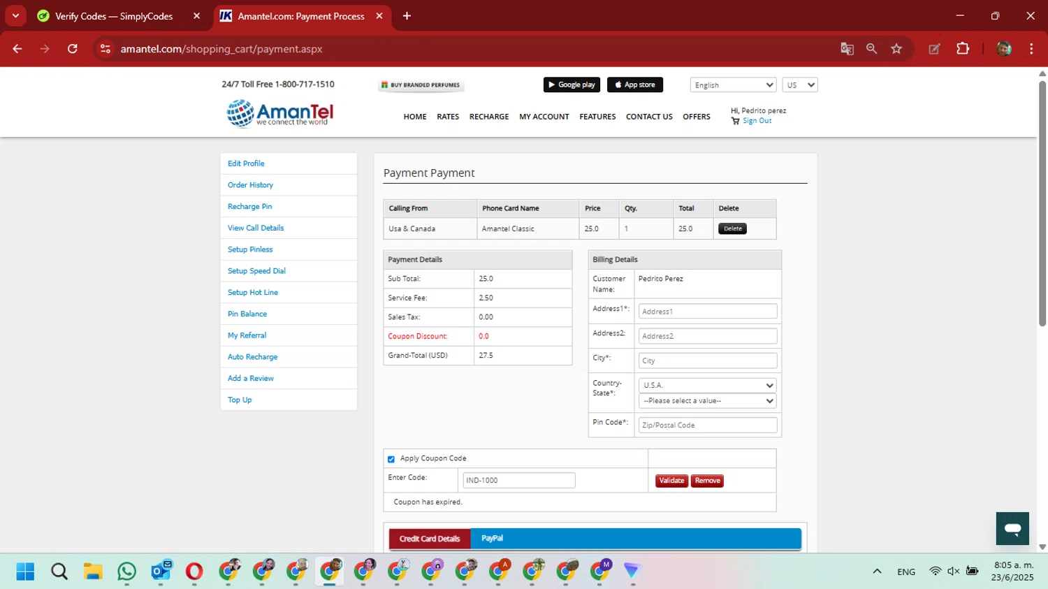 Amantel coupon code screenshot showing code IND-1000 applied at Amantel checkout page. Uploaded by SimplyCodes community member David_Gut_Sonic on Jun 23, 2025