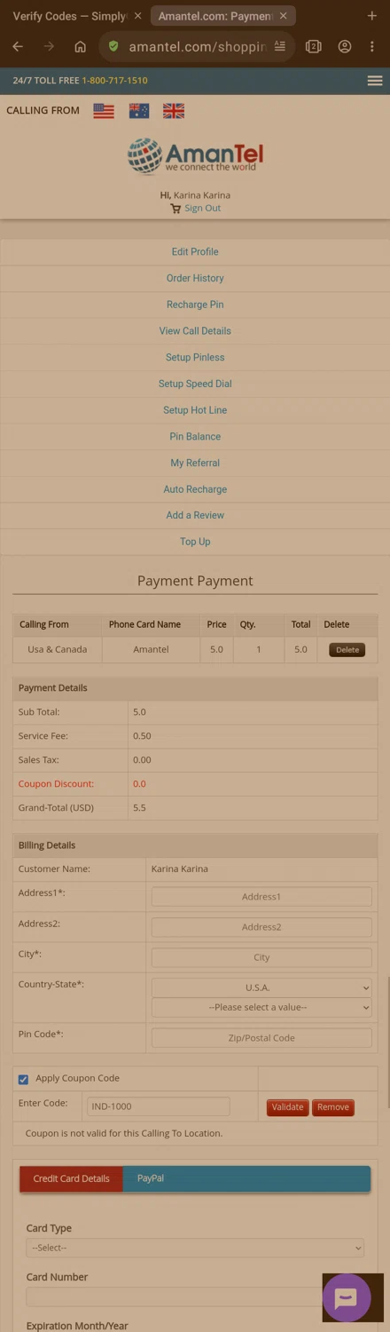 Amantel checkout page showing Amantel coupon code box | Screenshot taken by SimplyCodes community member on Jul 31, 2024