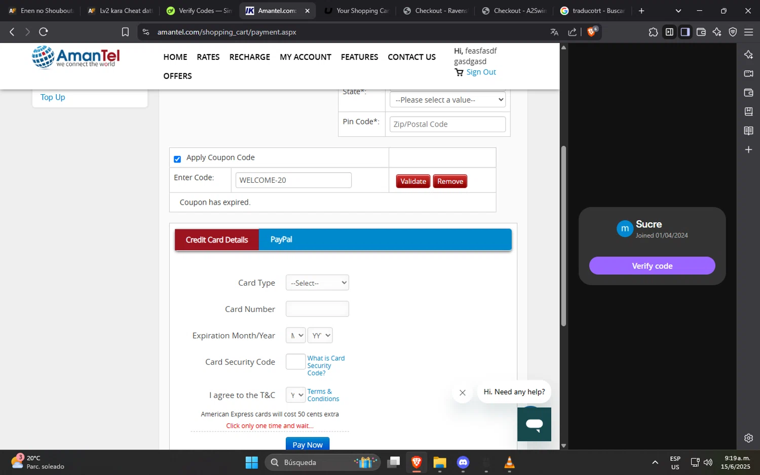 Amantel coupon code screenshot showing code WELCOME-20 applied at Amantel checkout page. Uploaded by SimplyCodes community member SucreX on Jun 15, 2025