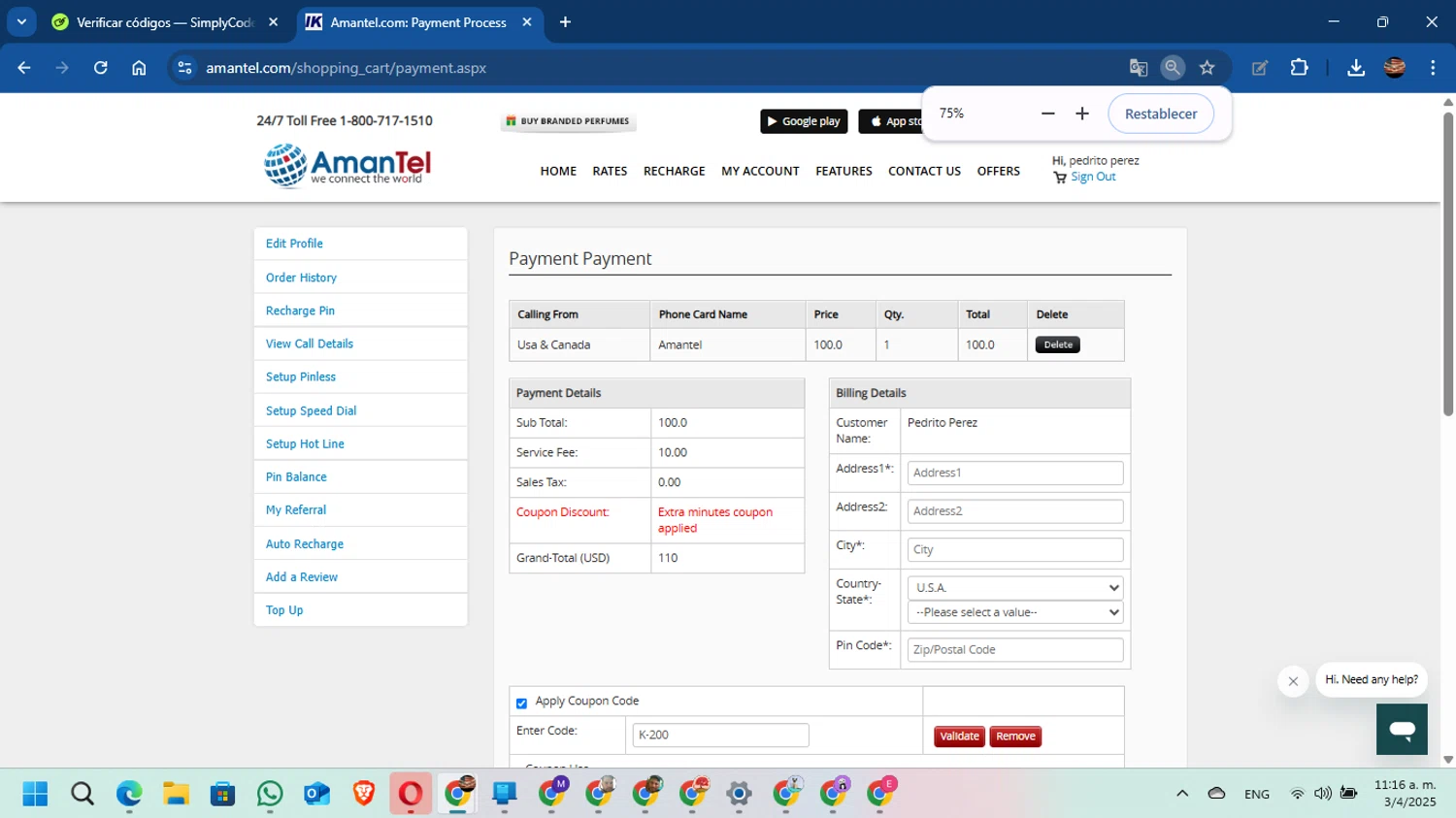 Amantel coupon code screenshot showing code K-200 applied at Amantel checkout page. Uploaded by SimplyCodes community member DavidMGF on Apr 3, 2025