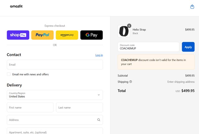Amazfit checkout page showing Amazfit discount code box | Screenshot taken by SimplyCodes community member on Aug 21, 2025