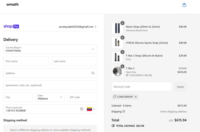 Amazfit checkout page showing Amazfit discount code box | Screenshot taken by SimplyCodes community member on Aug 21, 2025