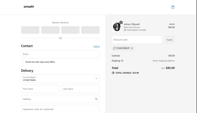 Amazfit checkout page showing Amazfit discount code box | Screenshot taken by SimplyCodes community member on Aug 11, 2025
