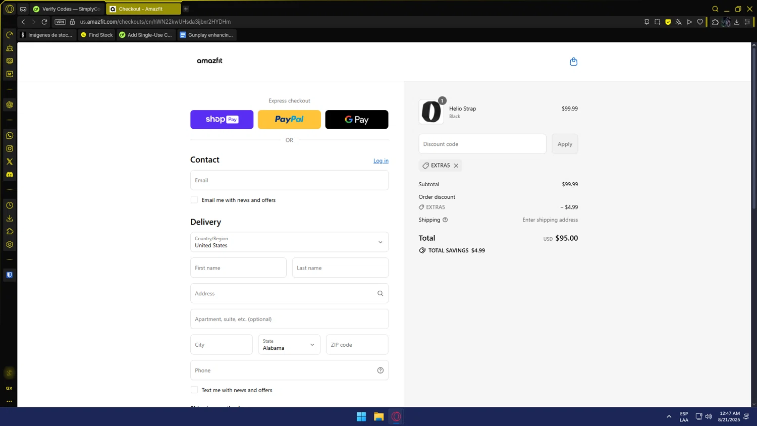Amazfit US promo code screenshot showing code EXTRA5 applied at Amazfit US checkout page. Uploaded by SimplyCodes community member JohnSimply on Aug 21, 2025