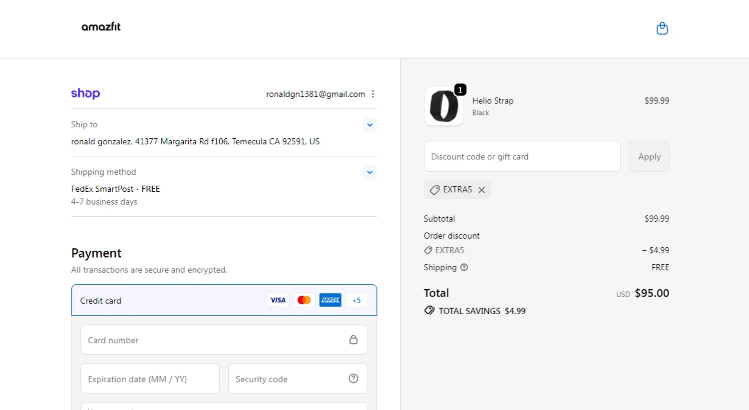 Amazfit US promo code screenshot showing code EXTRA5 applied at Amazfit US checkout page. Uploaded by SimplyCodes community member Yuskecoder426913 on Nov 27, 2025