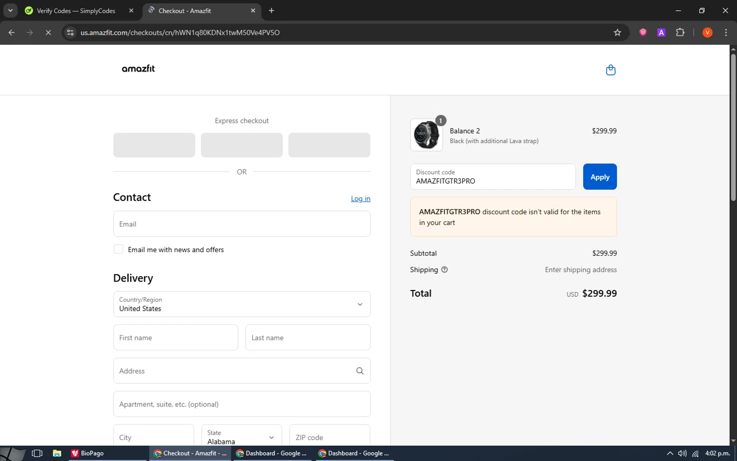 Amazfit US promo code screenshot showing code AMAZFITGTR3PRO applied at Amazfit US checkout page. Uploaded by SimplyCodes community member SavingsCaptain8190 on Aug 15, 2025