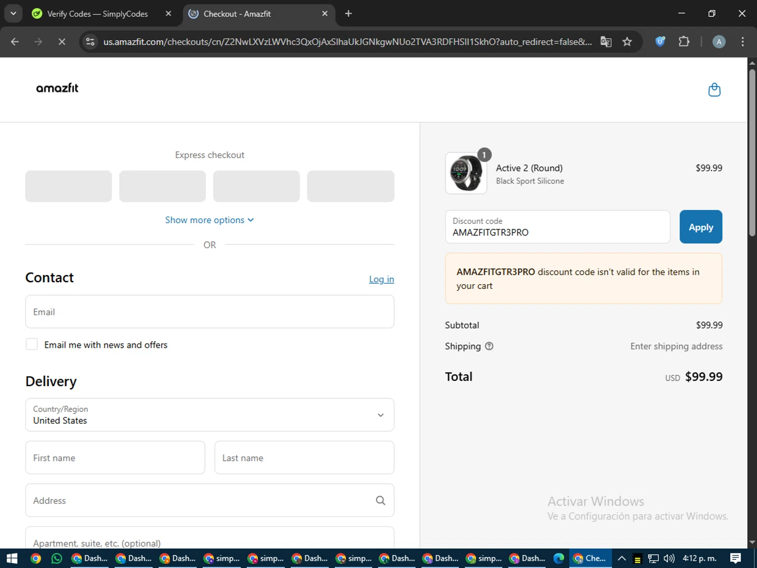 Amazfit US promo code screenshot showing code AMAZFITGTR3PRO applied at Amazfit US checkout page. Uploaded by SimplyCodes community member trippieredd on Jun 17, 2025