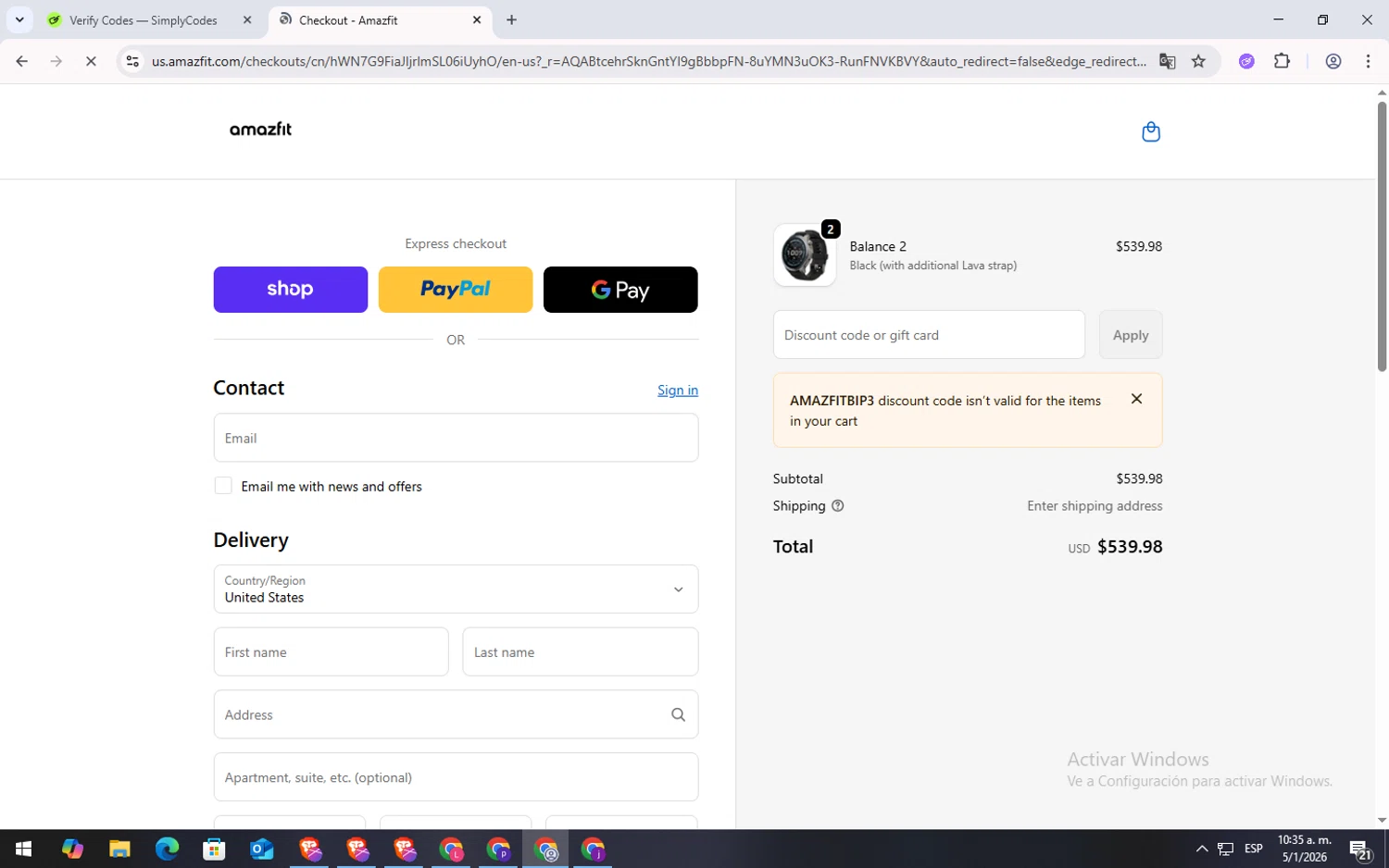 Amazfit US checkout page showing Amazfit US promo code box | Screenshot taken by SimplyCodes community member on Jan 5, 2026
