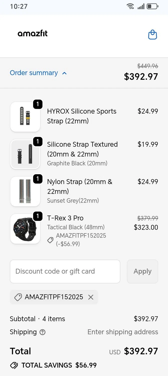 Amazfit US promo code screenshot showing code AMAZFITPF152025 applied at Amazfit US checkout page. Uploaded by SimplyCodes community member franksanchez on Jan 5, 2026