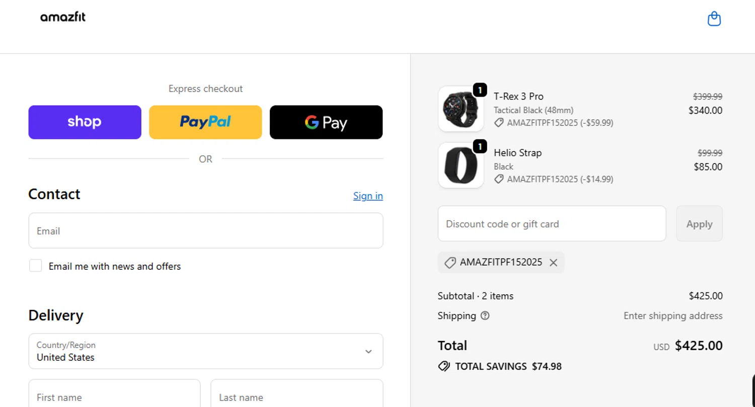Amazfit US promo code screenshot showing code AMAZFITPF152025 applied at Amazfit US checkout page. Uploaded by SimplyCodes community member pabloprieto on Oct 30, 2025