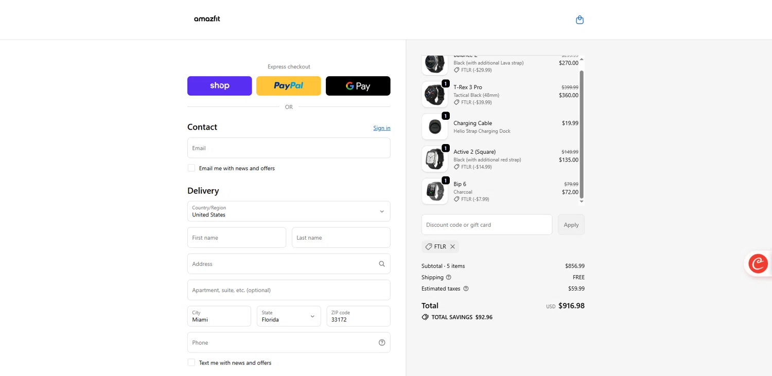 Amazfit US promo code screenshot showing code FTLR applied at Amazfit US checkout page. Uploaded by SimplyCodes community member pabloprieto on Dec 26, 2025