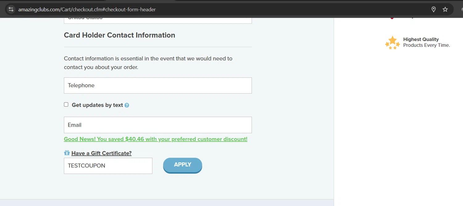Amazing Clubs checkout page showing Amazing Clubs coupon code box | Screenshot taken by SimplyCodes community member on Oct 9, 2025
