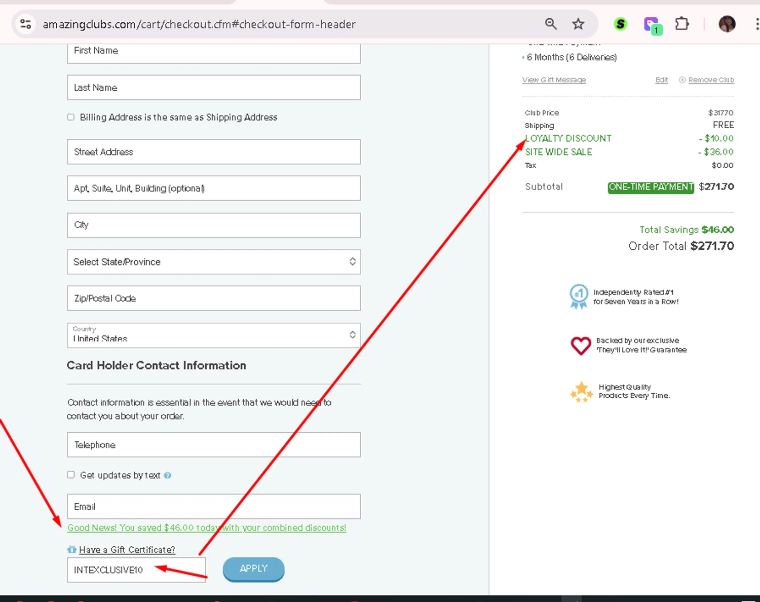 Amazing Clubs coupon code screenshot showing code INTEXCLUSIVE10 applied at Amazing Clubs checkout page. Uploaded by SimplyCodes community member AMANDA2681 on Dec 18, 2025