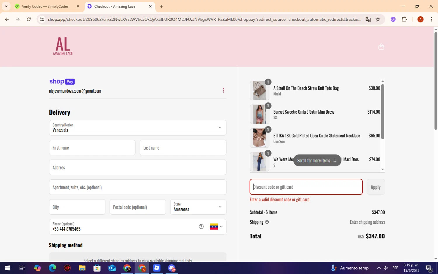 Amazing Lace discount code screenshot showing code WOWZA20 applied at Amazing Lace checkout page. Uploaded by SimplyCodes community member CryBabyy on Jun 15, 2025