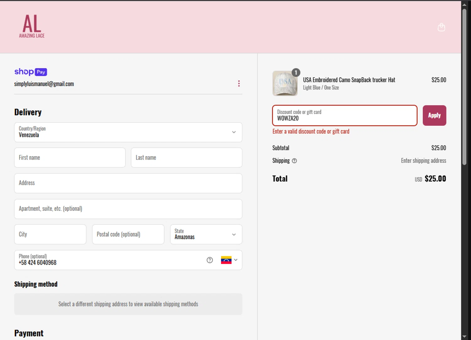 Amazing Lace discount code screenshot showing code WOWZA20 applied at Amazing Lace checkout page. Uploaded by SimplyCodes community member MoneyScout2554 on Jun 15, 2025