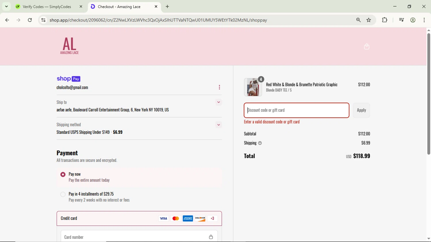 Amazing Lace discount code screenshot showing code WOWZA20 applied at Amazing Lace checkout page. Uploaded by SimplyCodes community member ScanPhoenix3549 on Jun 15, 2025