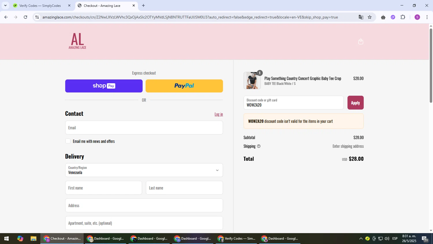 Amazing Lace discount code screenshot showing code WOWZA20 applied at Amazing Lace checkout page. Uploaded by SimplyCodes community member Son_Goku on May 26, 2025