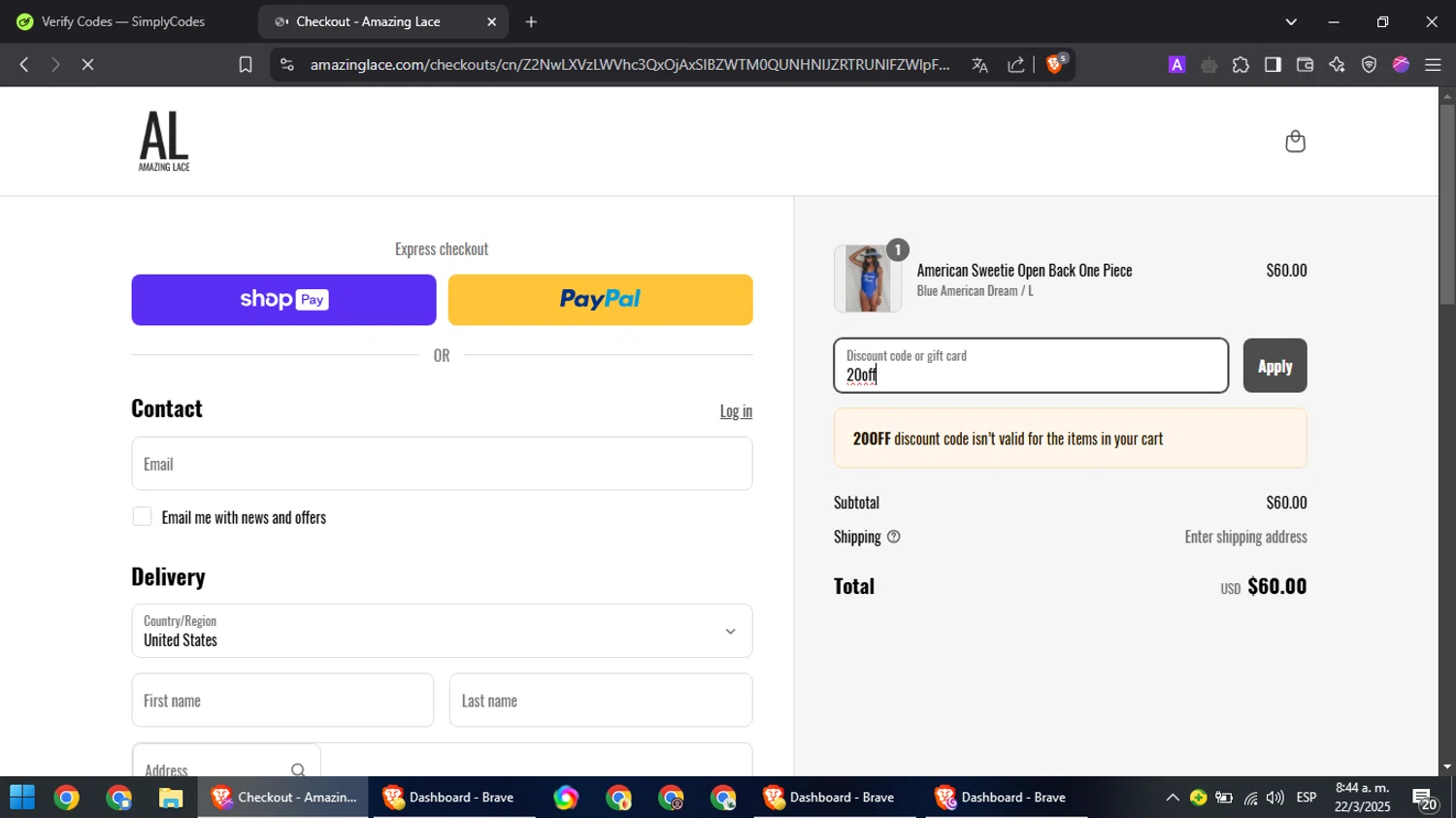 Amazing Lace discount code screenshot showing code 20off applied at Amazing Lace checkout page. Uploaded by SimplyCodes community member Cynoxx on Mar 22, 2025