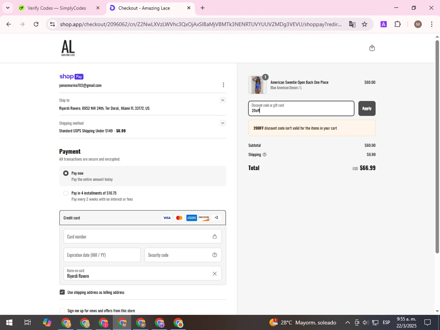 Amazing Lace discount code screenshot showing code 20off applied at Amazing Lace checkout page. Uploaded by SimplyCodes community member FrugalGuardian6154 on Mar 22, 2025