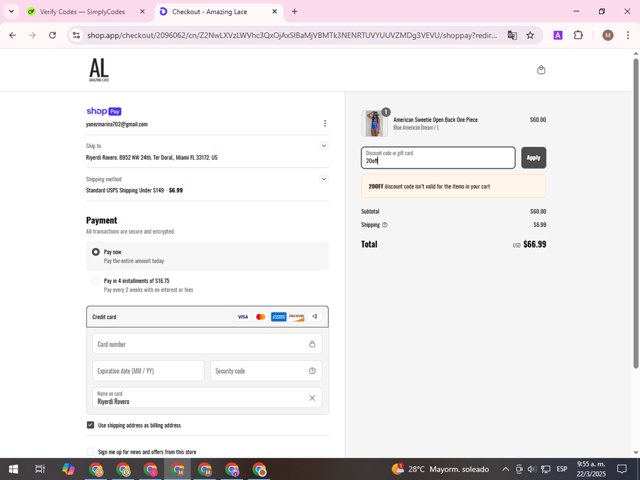 Amazing Lace checkout page showing Amazing Lace discount code box | Screenshot taken by SimplyCodes community member on Mar 22, 2025
