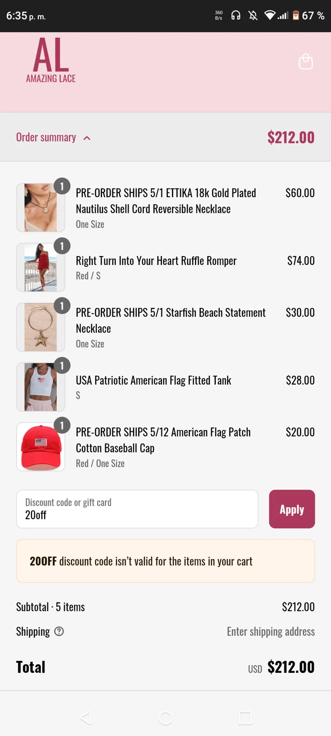 Amazing Lace discount code screenshot showing code 20off applied at Amazing Lace checkout page. Uploaded by SimplyCodes community member CouponWhiz2217 on Apr 28, 2025