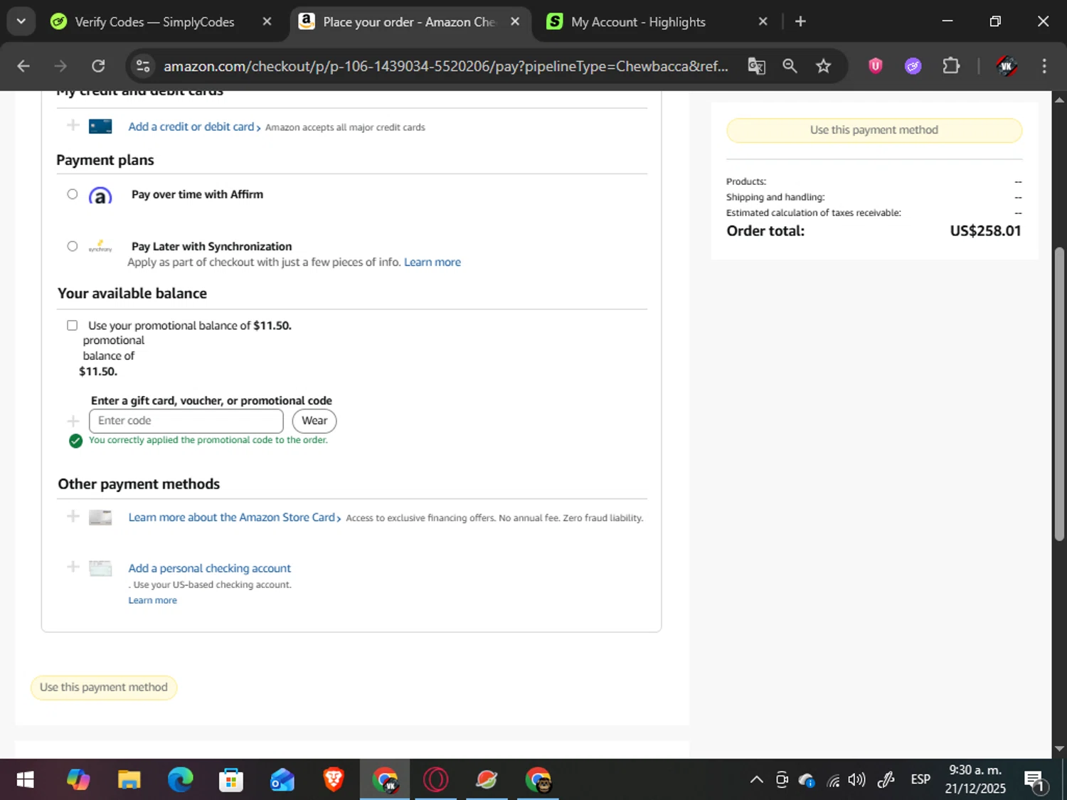 Amazon promo code screenshot showing code XX9MXOWM applied at Amazon checkout page. Uploaded by SimplyCodes community member TreasureAdmiral6867 on Dec 21, 2025